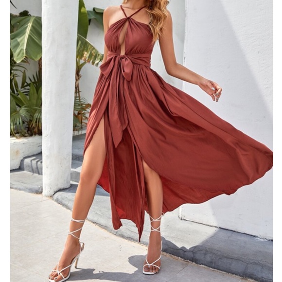 SOLD OUT CLEARANCE Brown Sexy High Slit Plunge Belted Dress - Picture 3 of 6